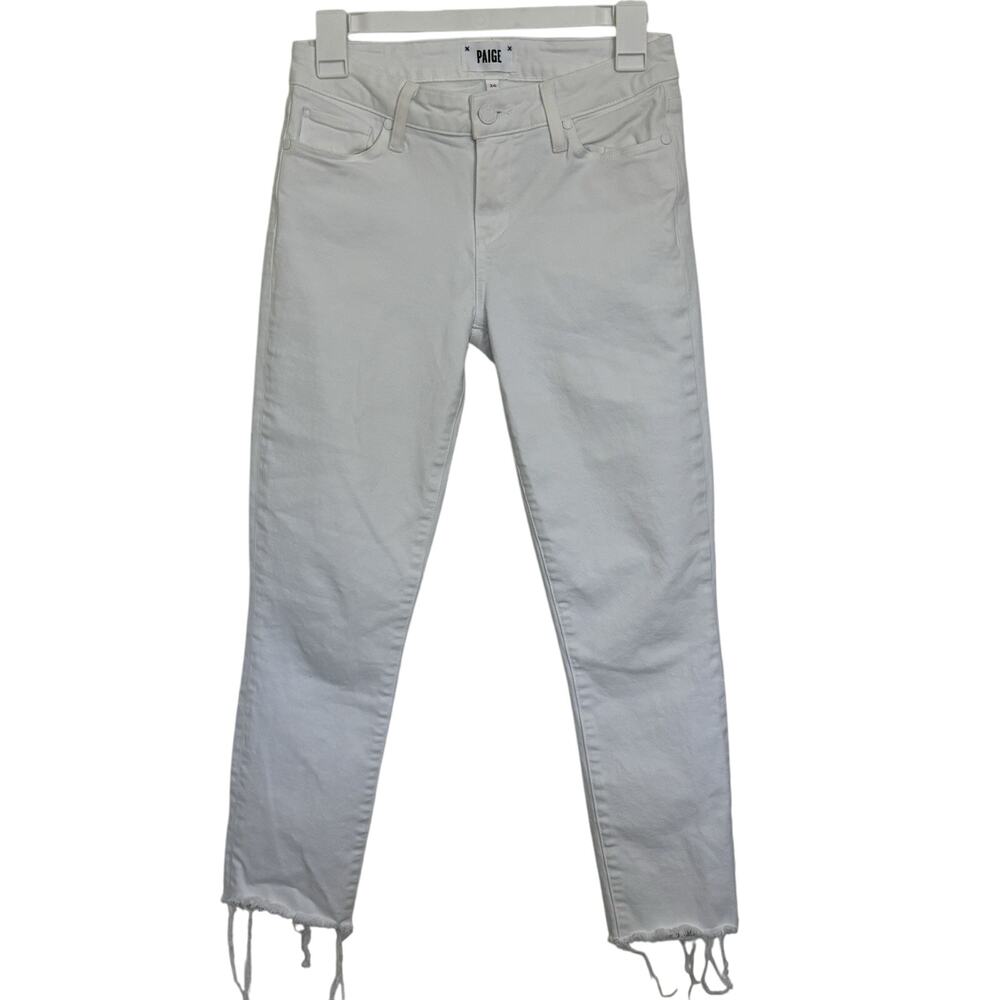 Paige Cindy Crop White Denim Jeans Raw Hem High Rise Size 26 Stretch Beach